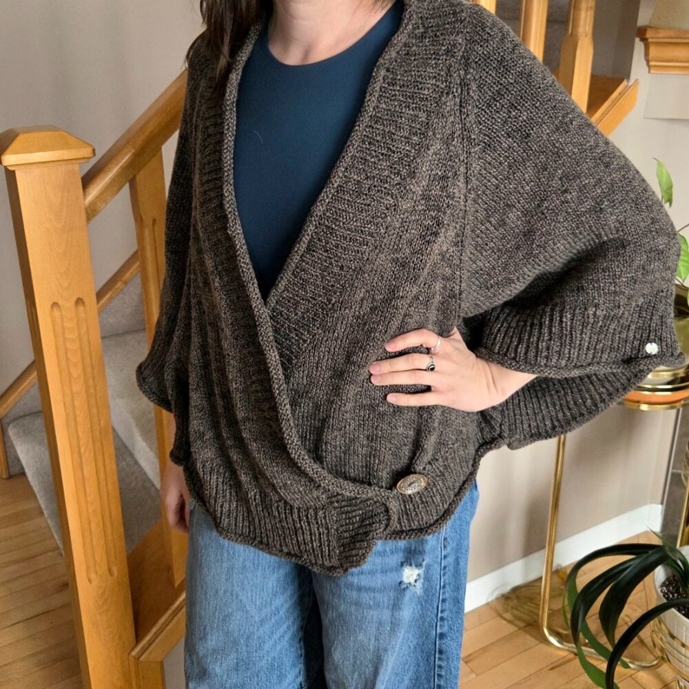 Pure Handknit Lagenlook green oversized cotton blend cardigan.